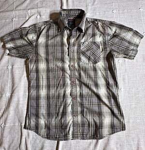 UNIONBAY Palm Vintage Men’s L Brown Gray Plaid Cotton Woven Short Sleeve Shirt